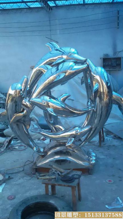 不锈钢海豚环绕雕塑，戏耍雕塑